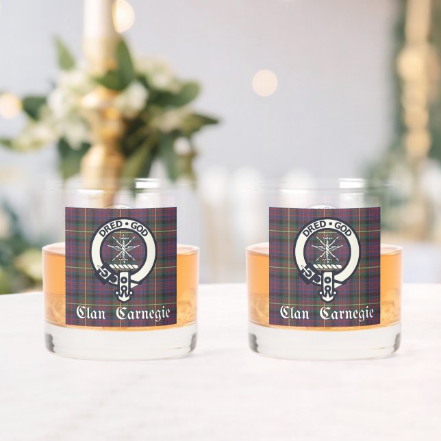 Clan Carnegie Crest Tartan  Whiskey Glass (Insitu (Wedding))