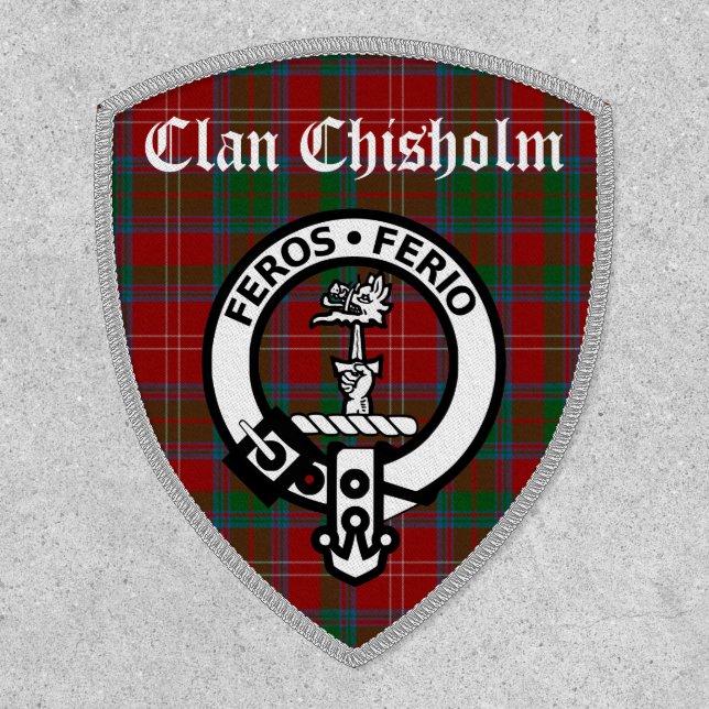 Clan Chisholm Crest Badge & Tartan  Iron On Patch (Front)