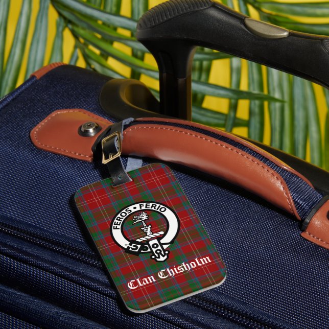 Clan Chisholm Crest Badge & Tartan  Luggage Tag (Front Insitu 1)