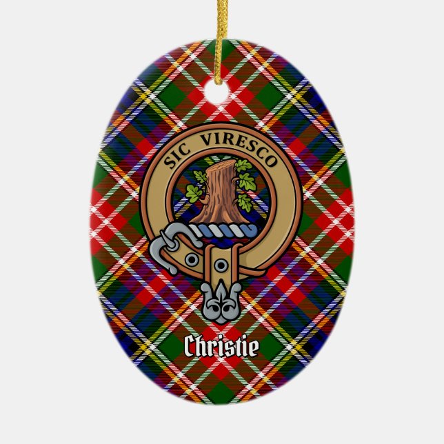 Clan Christie Crest over Tartan Ceramic Ornament (Front)