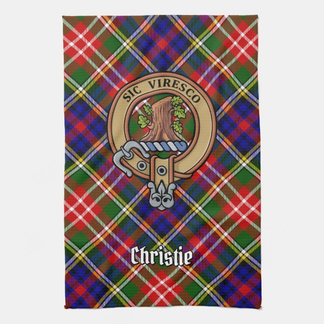 Clan Christie Crest over Tartan Kitchen Towel (Vertical)