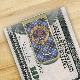 Clan Clark Crest over Tartan Gold Finish Money Clip