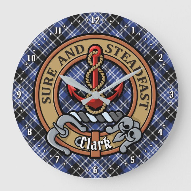 Clan Clark Crest over Tartan Large Clock (Front)