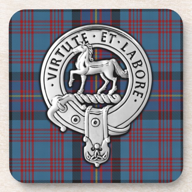 Clan Cochrane Crest & Azure Tartan Beverage Coaster (Front)
