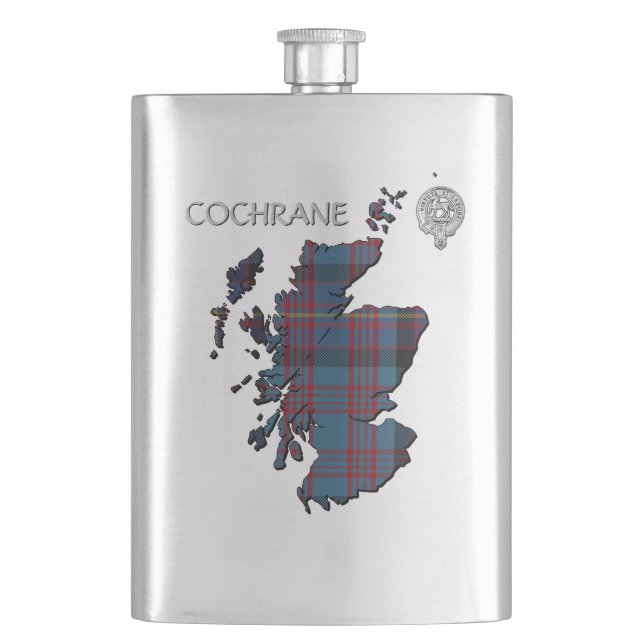 Clan Cochrane Crest & Azure Tartan Map Flask (Front)