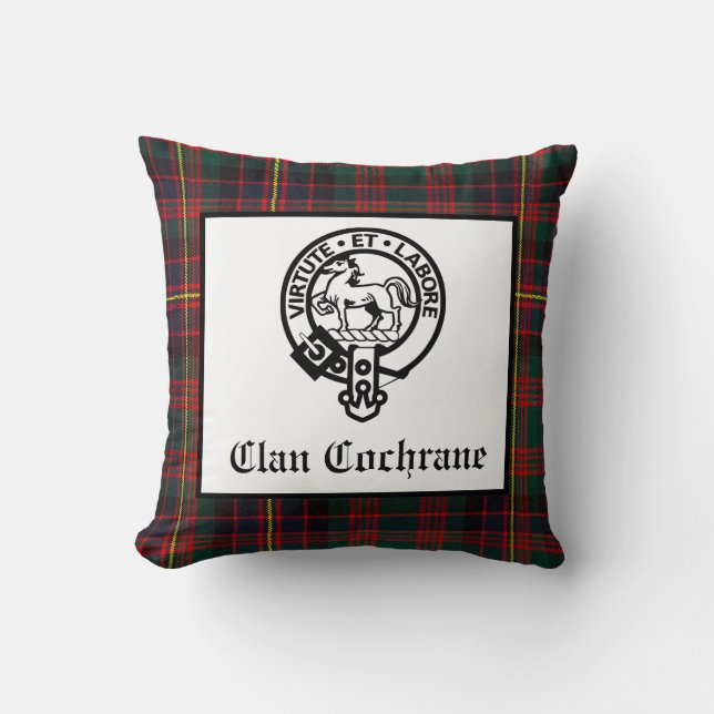Clan Cochrane Crest Badge and Tartan Throw Pillow (Front)