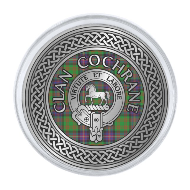 Clan Cochrane Crest & Tartan Knot Silver Finish Lapel Pin (Front)