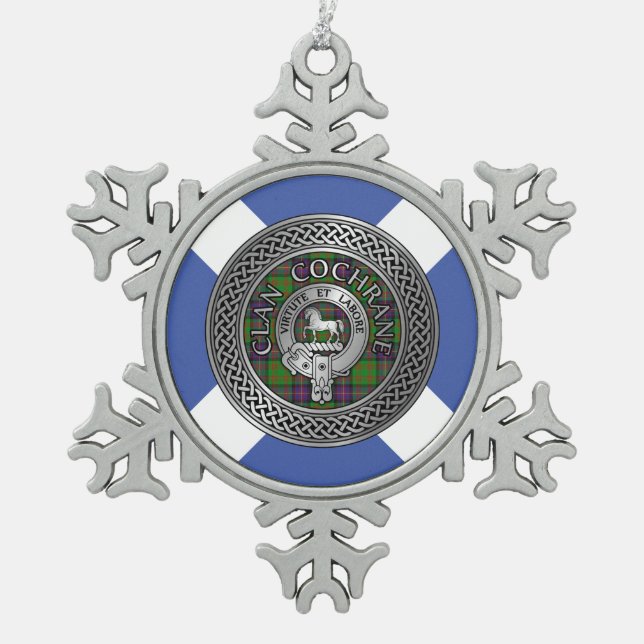 Clan Cochrane Crest & Tartan Knot Snowflake Pewter Christmas Ornament (Front)