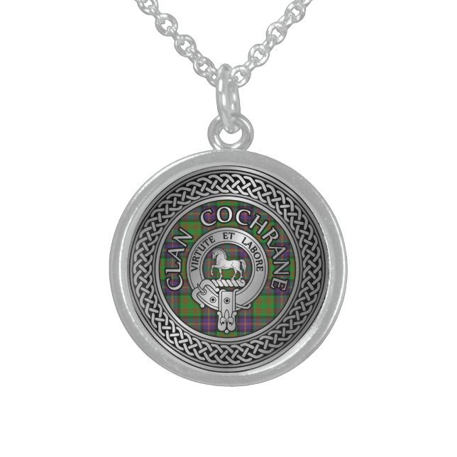 Clan Cochrane Crest & Tartan Knot Sterling Silver Necklace (Front)