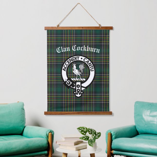 Clan Cockburn Crest Badge and Tartan  Hanging Tapestry (Living Room)