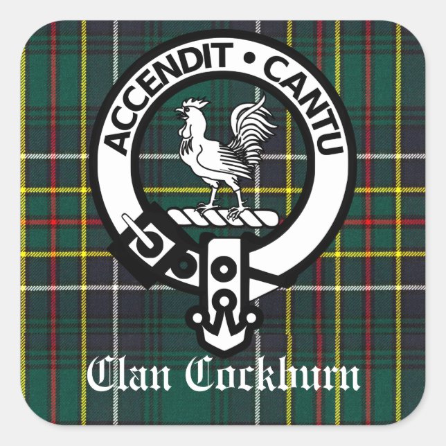 Clan Cockburn Crest Badge and Tartan Square Sticker (Front)