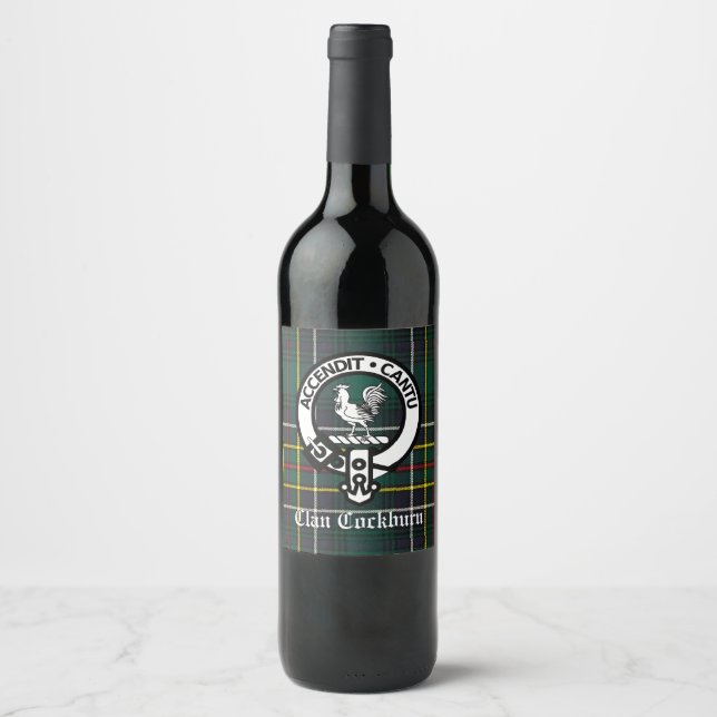 Clan Cockburn Crest Badge and Tartan Wine Label (Front)