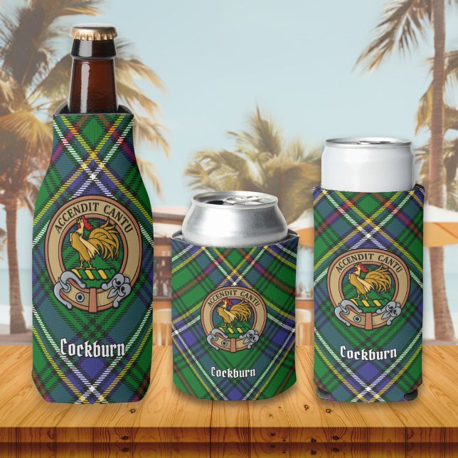 Clan Cockburn Crest over Tartan Bottle Cooler (Creator Uploaded)