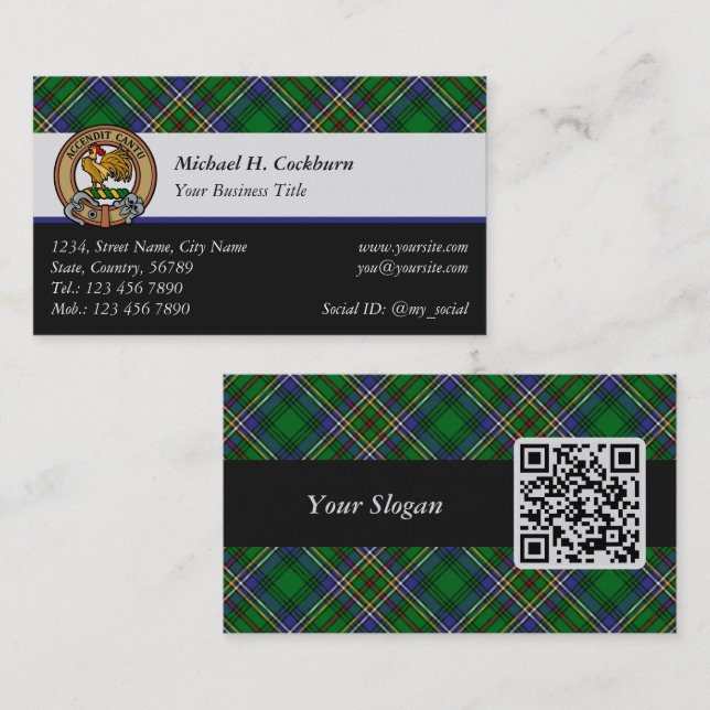 Clan Cockburn Crest over Tartan Business Card (Front/Back)