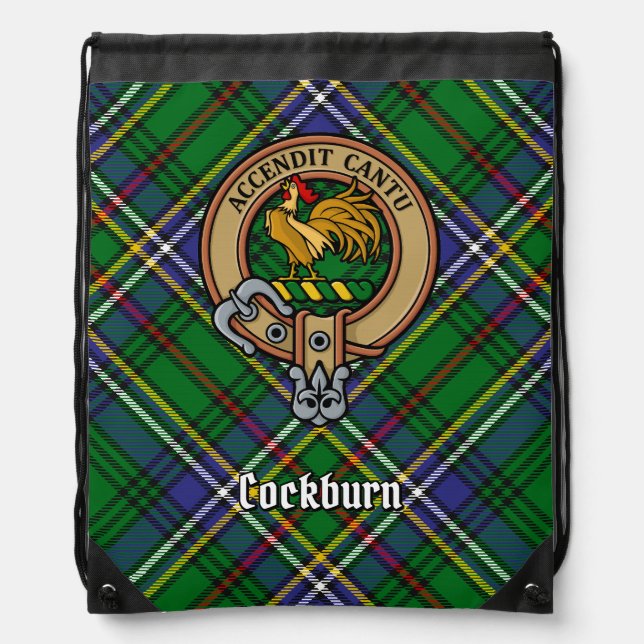Clan Cockburn Crest over Tartan Drawstring Bag (Front)