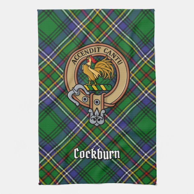 Clan Cockburn Crest over Tartan Kitchen Towel (Vertical)