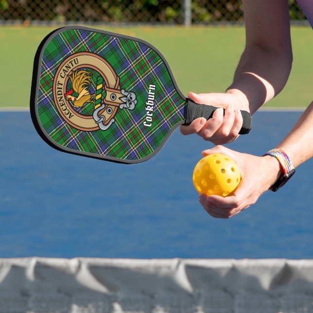 Clan Cockburn Crest over Tartan Pickleball Paddle (Insitu)