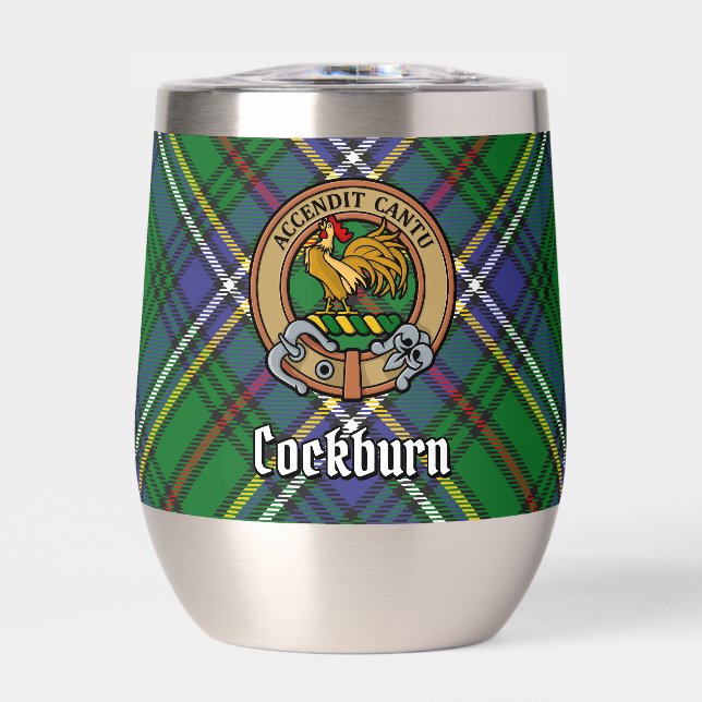 Clan Cockburn Crest over Tartan Thermal Wine Tumbler (Front)