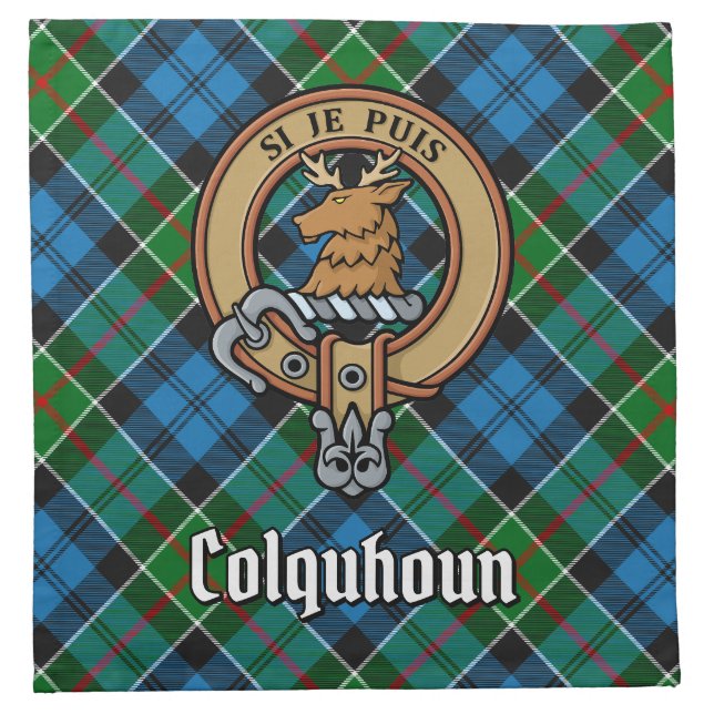 Clan Colquhoun Crest over Tartan Cloth Napkin (Front)