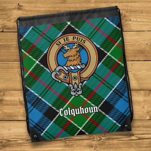 Clan Colquhoun Crest over Tartan Drawstring Bag
