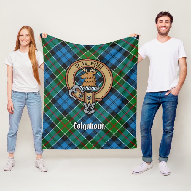 Clan Colquhoun Crest over Tartan Fleece Blanket (In Situ)