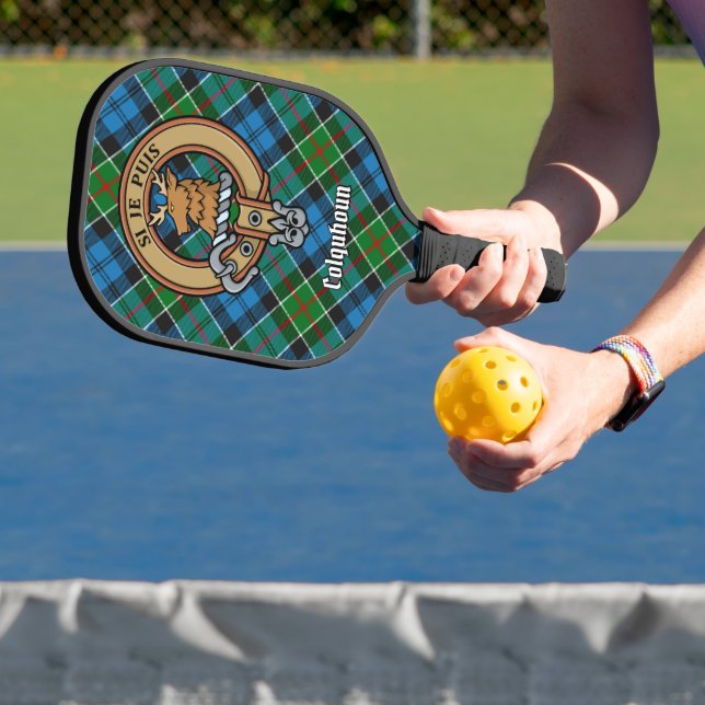 Clan Colquhoun Crest over Tartan Pickleball Paddle (Insitu)