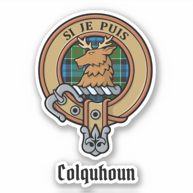 Clan Colquhoun Crest over Tartan Sticker (Front)