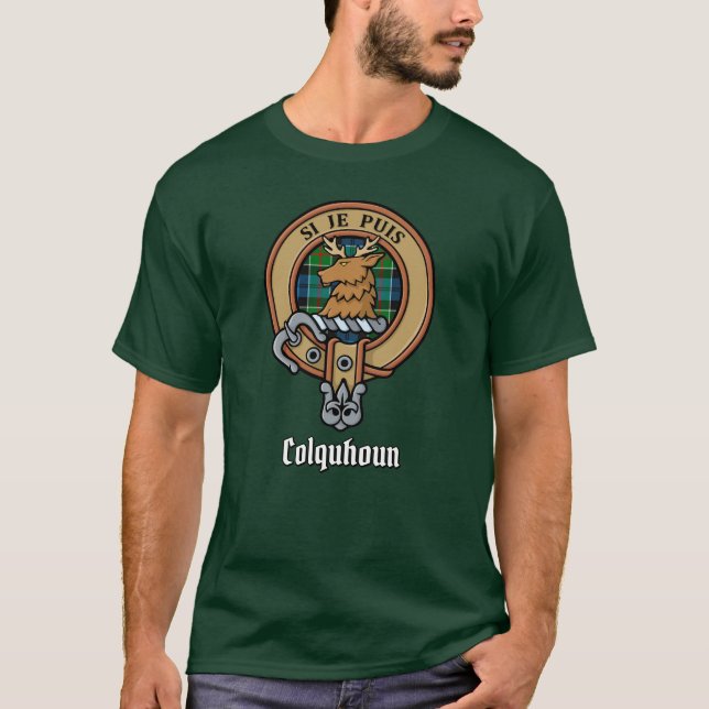 Clan Colquhoun Crest over Tartan T-Shirt (Front)