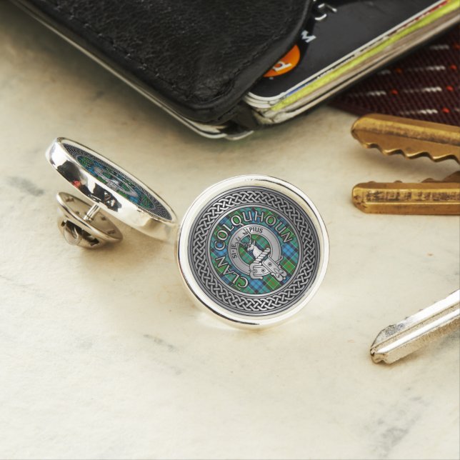 Clan Colquhoun Crest & Tartan Knot Lapel Pin (In Situ)