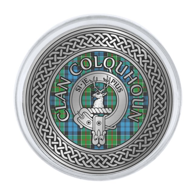 Clan Colquhoun Crest & Tartan Knot Silver Finish Lapel Pin (Front)