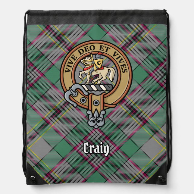 Clan Craig Crest over Tartan Drawstring Bag (Front)