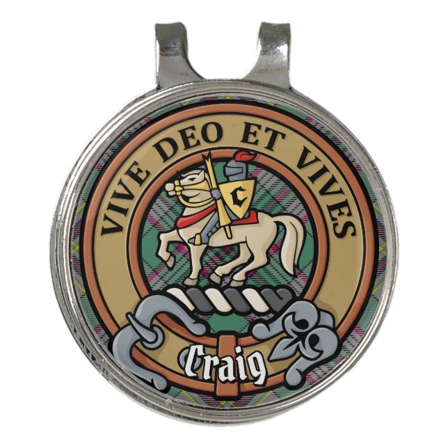 Clan Craig Crest over Tartan Golf Hat Clip (Front)