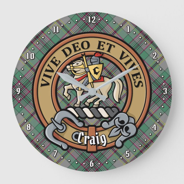 Clan Craig Crest over Tartan Large Clock (Front)