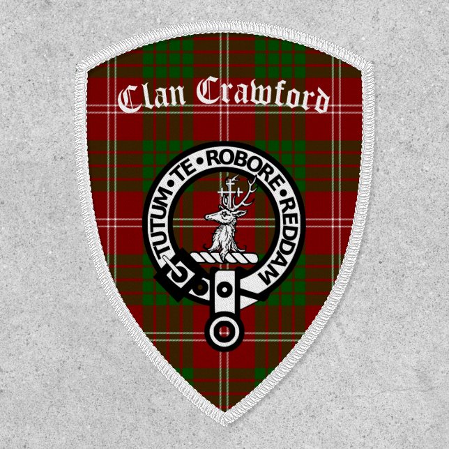 Clan Crawford Crest Badge and Tartan Iron On Patch (Front)