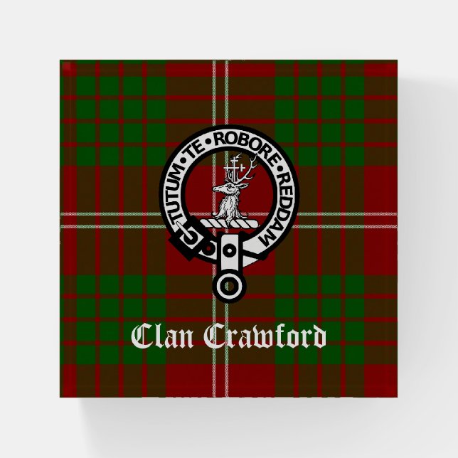 Clan Crawford Crest Badge and Tartan Paperweight (Front)