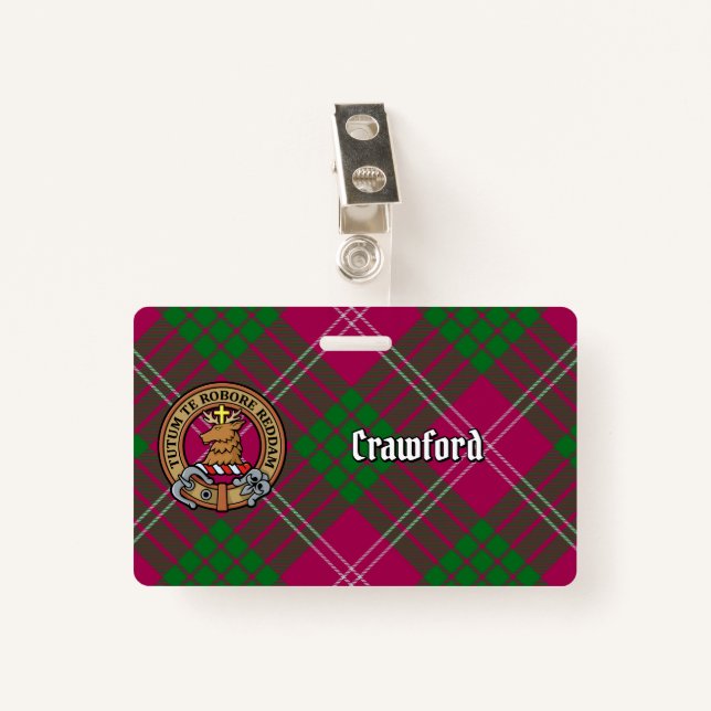 Clan Crawford Crest over Tartan Badge (Front with Clip)