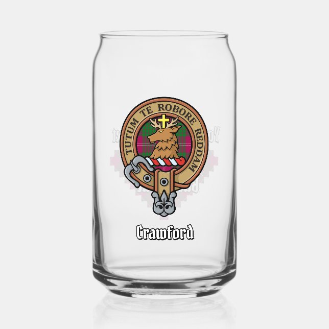 Clan Crawford Crest over Tartan Can Glass (Front)