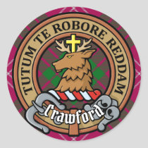 Clan Crawford Crest over Tartan Classic Round Sticker