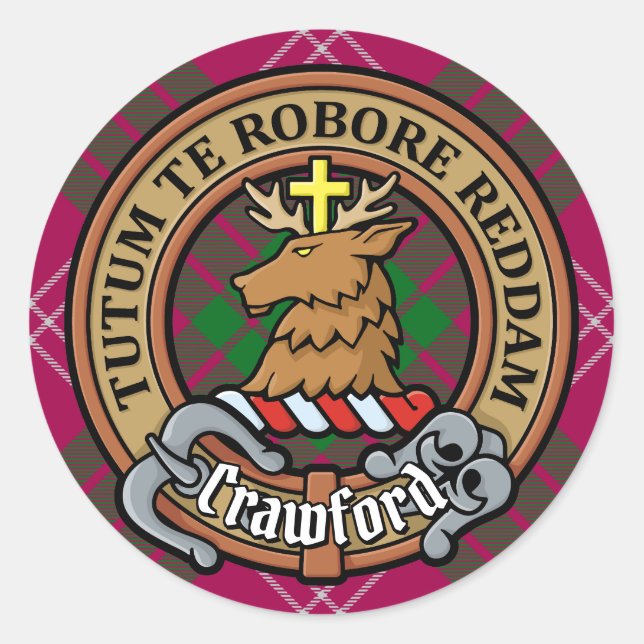 Clan Crawford Crest over Tartan Classic Round Sticker (Front)