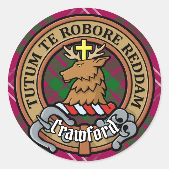 Clan Crawford Crest over Tartan Classic Round Sticker (Front)