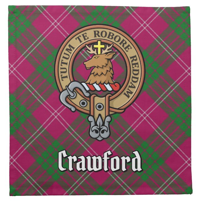 Clan Crawford Crest over Tartan Cloth Napkin (Front)