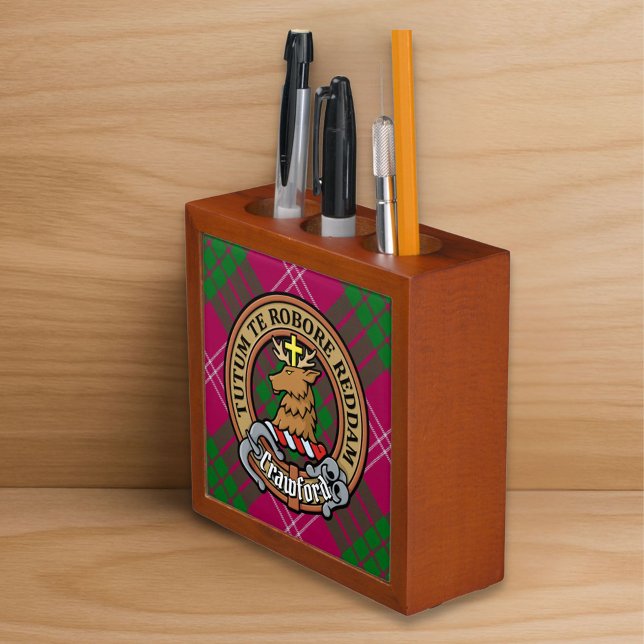 Clan Crawford Crest over Tartan Desk Organizer (Creator Uploaded)