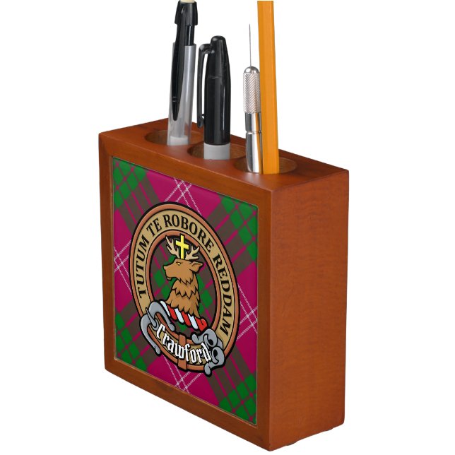 Clan Crawford Crest over Tartan Desk Organizer (In Situ)
