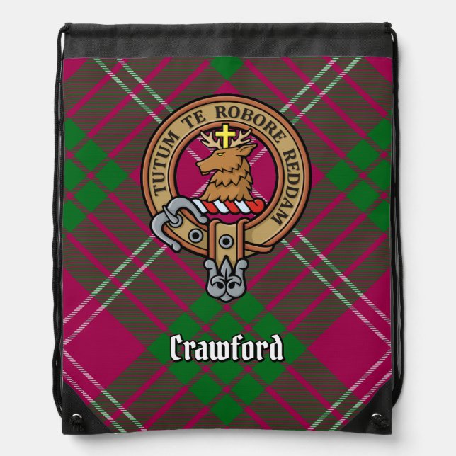 Clan Crawford Crest over Tartan Drawstring Bag (Front)