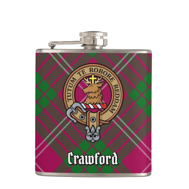 Clan Crawford Crest over Tartan Flask (Front)