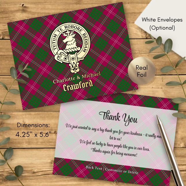 Clan Crawford Crest over Tartan Foil Invitation Postcard (Creator Uploaded)
