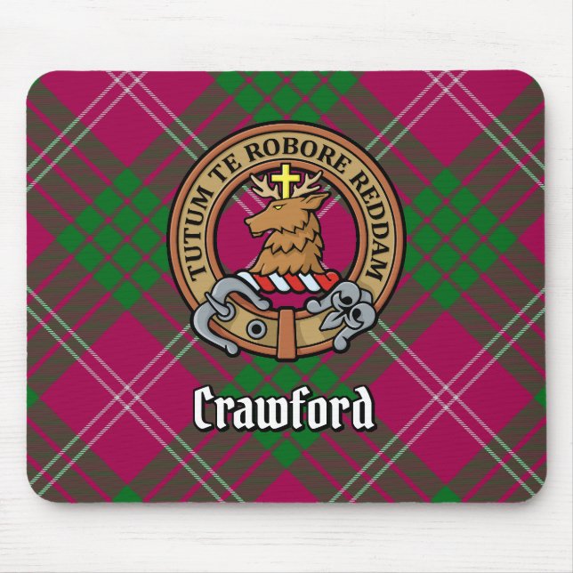 Clan Crawford Crest over Tartan Mouse Pad (Front)