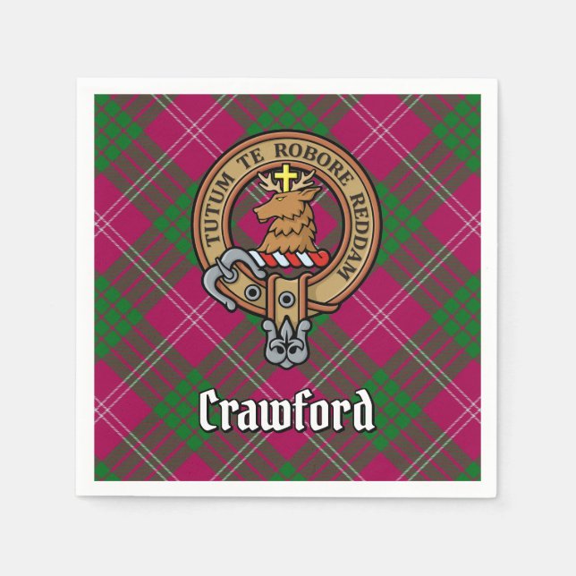 Clan Crawford Crest over Tartan Napkins (Front)