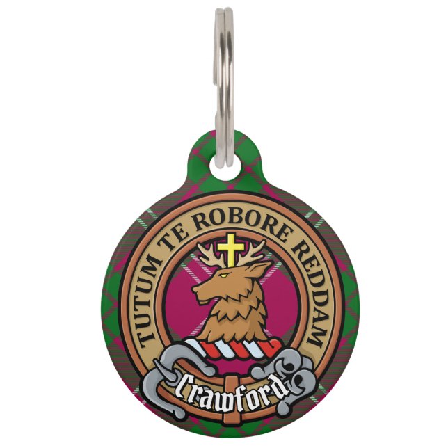 Clan Crawford Crest over Tartan Pet ID Tag (Front)