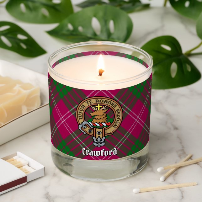 Clan Crawford Crest over Tartan Scented Candle (Lit)